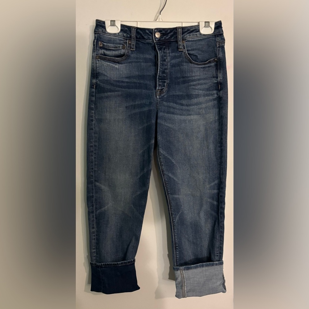 American Eagle Womens Sz 8 Button Fly Vintage High Rise Crop Patched Cuff Jeans